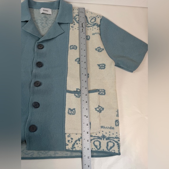 RHUDE Men's Blue Cream Button Down Banco Knit Short Sleeve Shirt Size Med - Picture 5 of 12